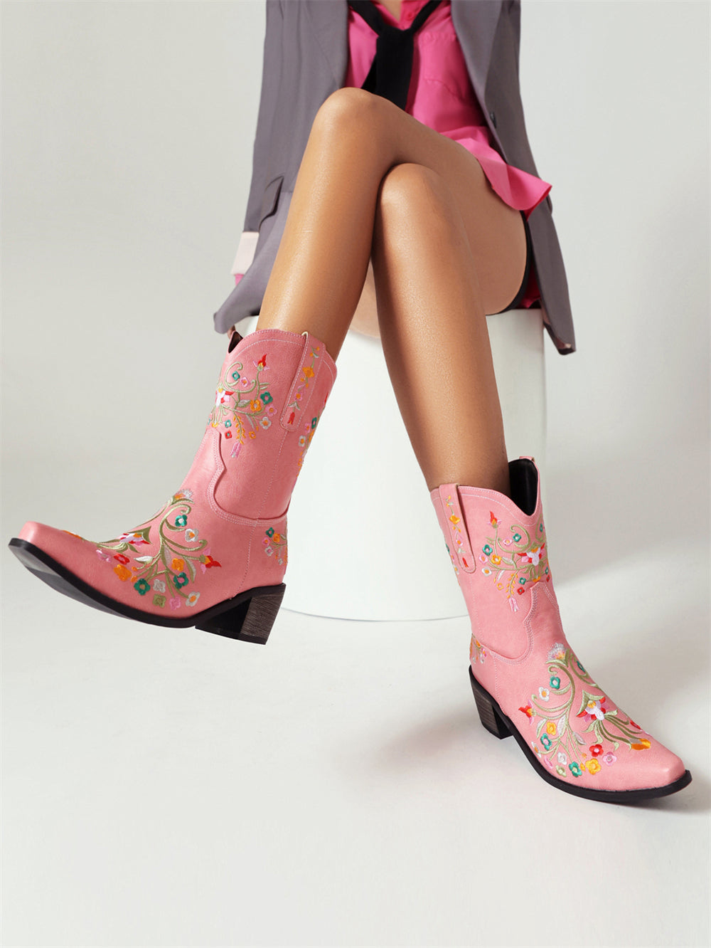 ピンク 刺繍 フローラル ウェスタン カウボーイ ブーツ ブロック ヒール ウェスタン ブーツ