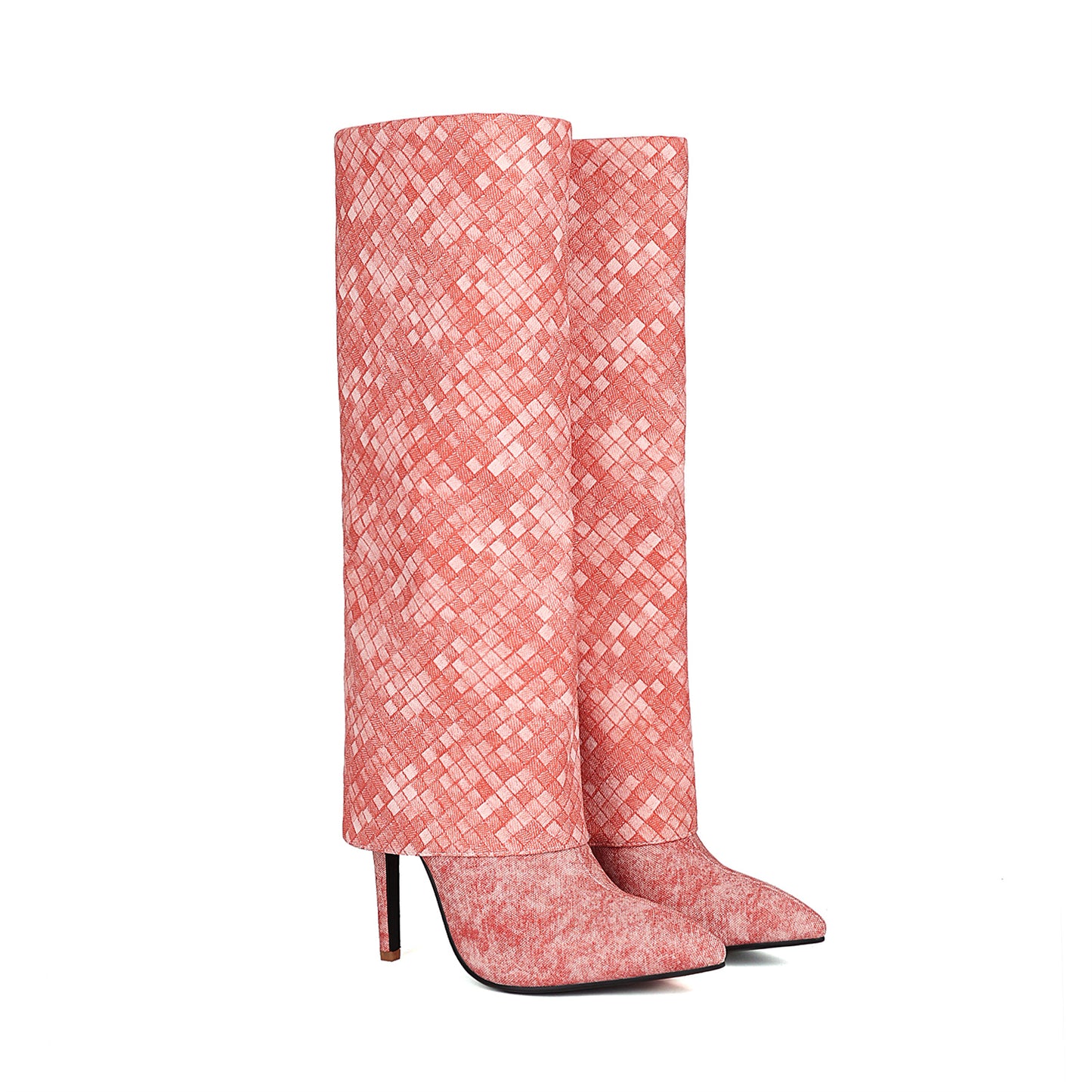 Pink Fashion Fabric Folded Stiletto Heel Pointed Toe Knee High Boots