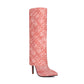 Pink Fashion Fabric Folded Stiletto Heel Pointed Toe Knee High Boots