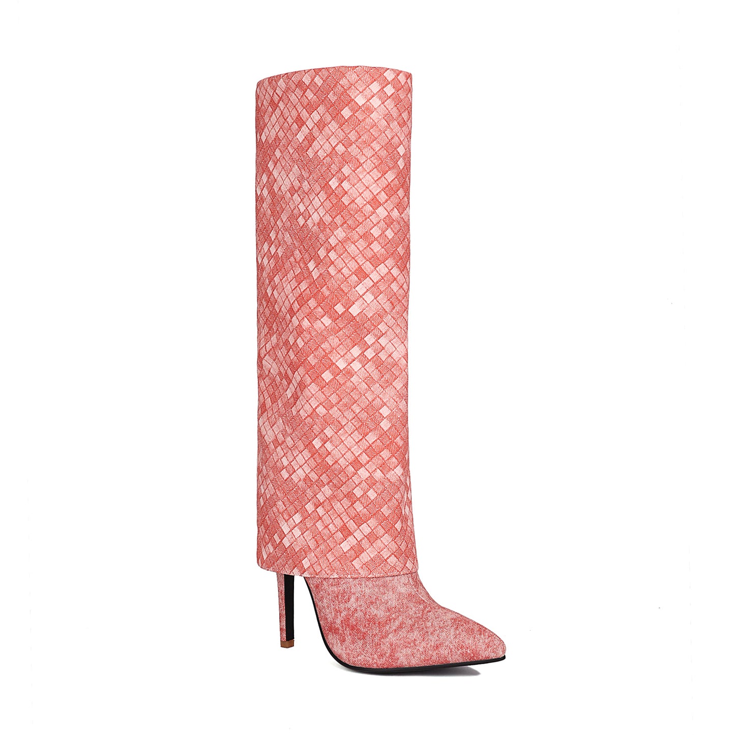 Pink Fashion Fabric Folded Stiletto Heel Pointed Toe Knee High Boots