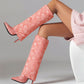 Pink Fashion Fabric Folded Stiletto Heel Pointed Toe Knee High Boots