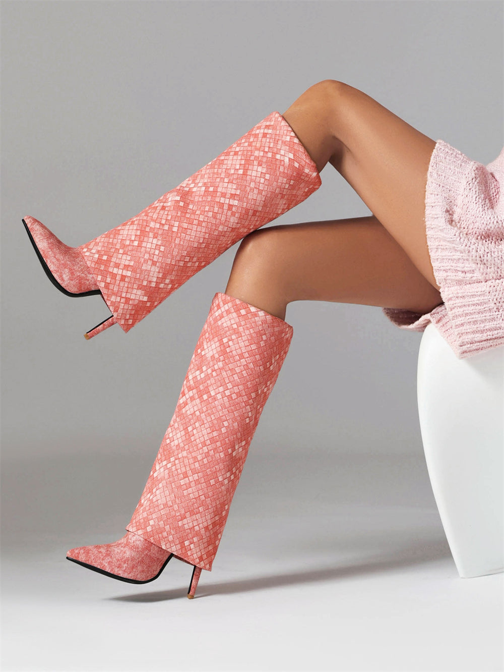 Pink Fashion Fabric Folded Stiletto Heel Pointed Toe Knee High Boots