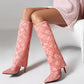 Pink Fashion Fabric Folded Stiletto Heel Pointed Toe Knee High Boots