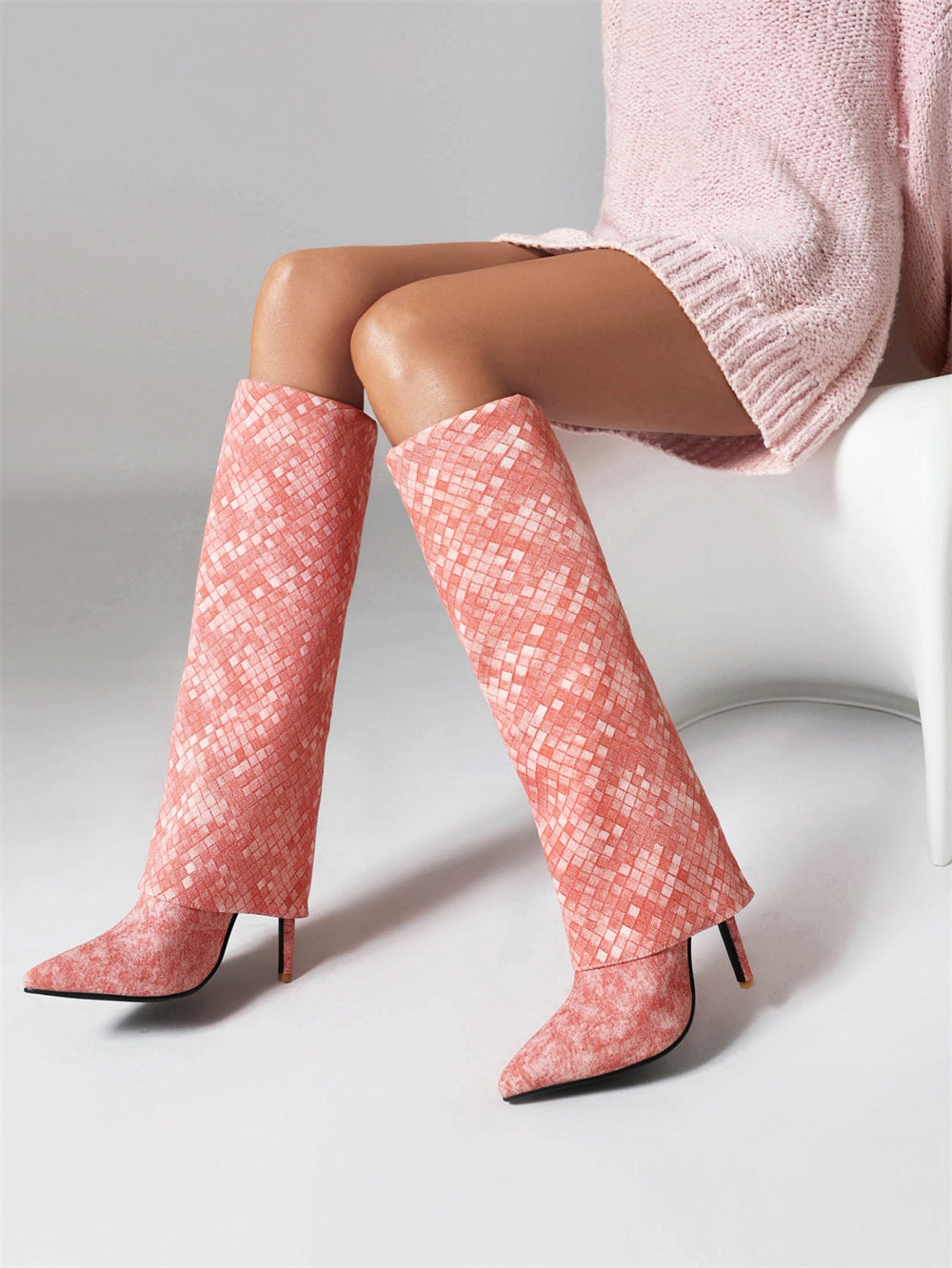 Pink Fashion Fabric Folded Stiletto Heel Pointed Toe Knee High Boots