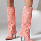 Pink Fashion Fabric Folded Stiletto Heel Pointed Toe Knee High Boots