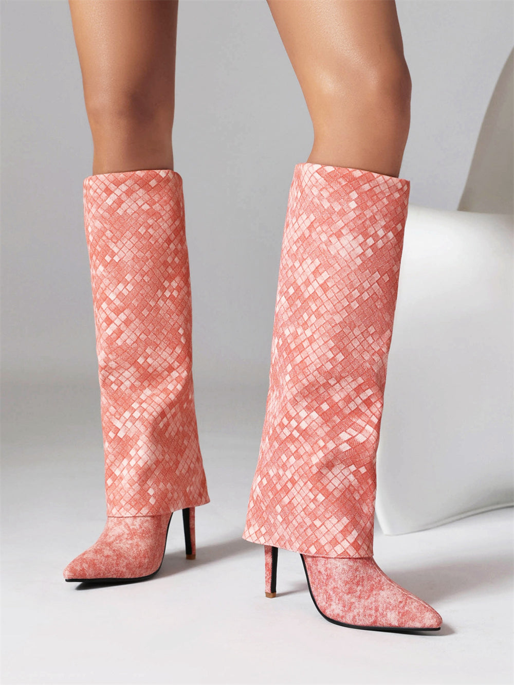 Pink Fashion Fabric Folded Stiletto Heel Pointed Toe Knee High Boots