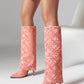 Pink Fashion Fabric Folded Stiletto Heel Pointed Toe Knee High Boots