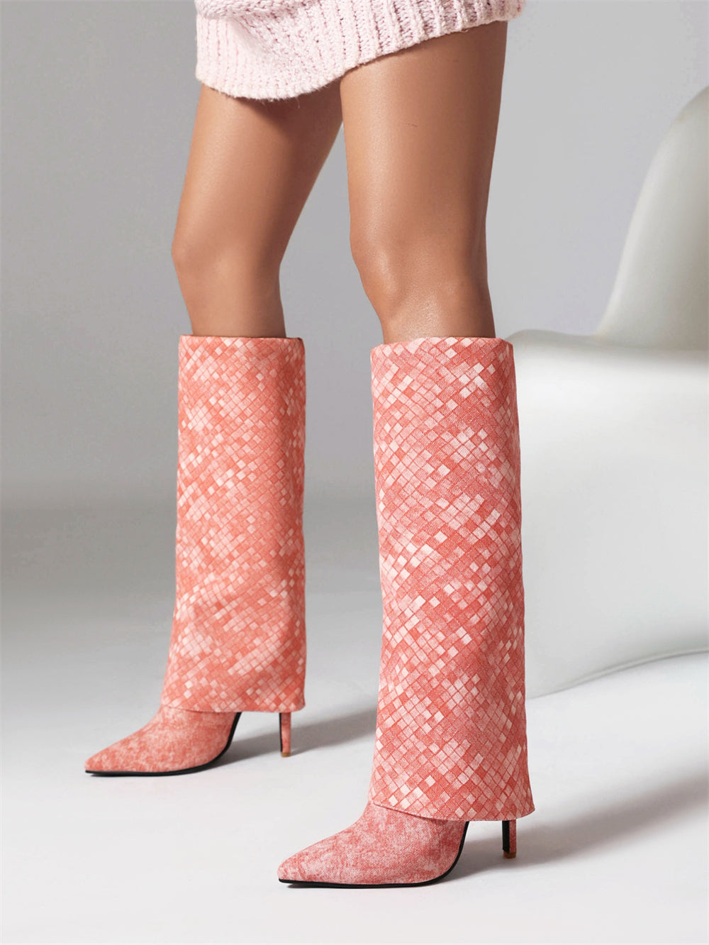 Pink Fashion Fabric Folded Stiletto Heel Pointed Toe Knee High Boots