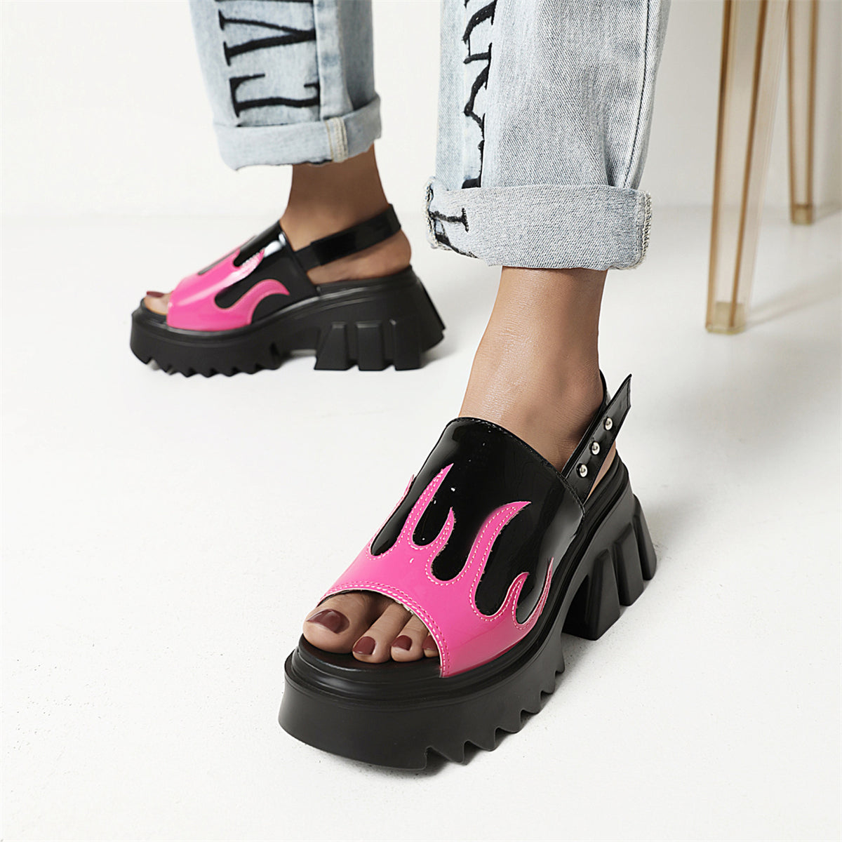 Pink Flame Patent Leather Open Toe Platform Slingback Sandals