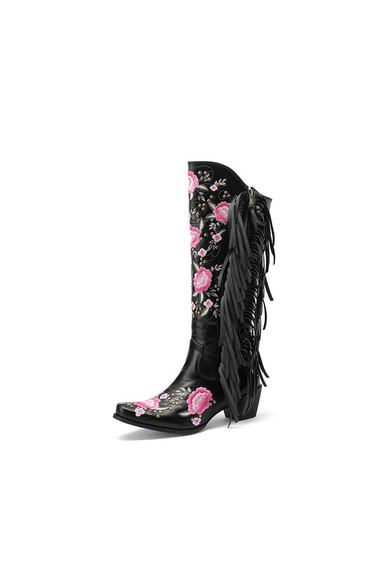 Floral Embroidery and Gold Studs Fringe Cowgirl Boots Black Knee High Booties