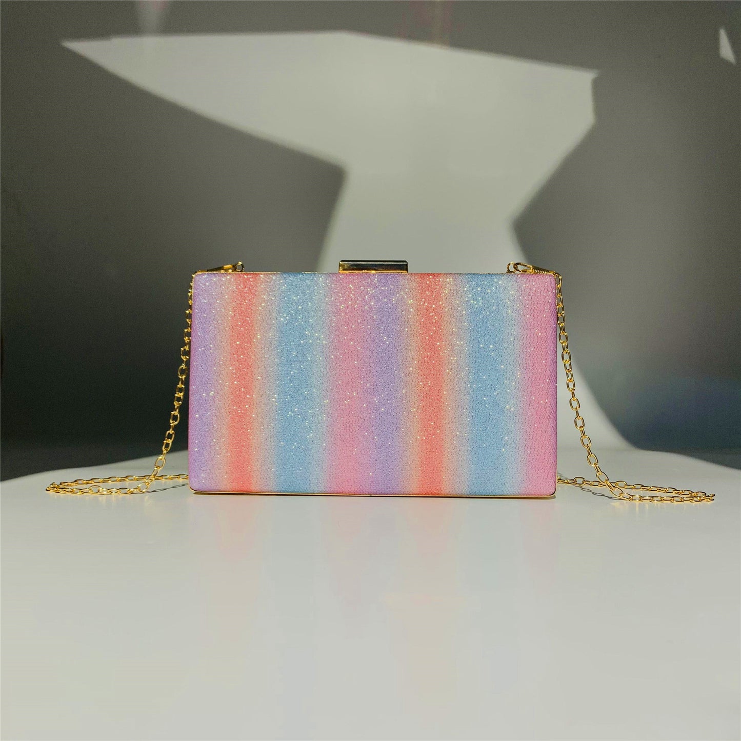 Pink Multicolor Rainbow Glitter Clutch Bag Party Handbag