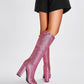 Pink Rhinestone Chunky Heel Knee High Boots Pointed Toe Sparkling Party Boots