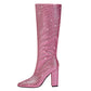 Pink Rhinestone Chunky Heel Knee High Boots Pointed Toe Sparkling Party Boots