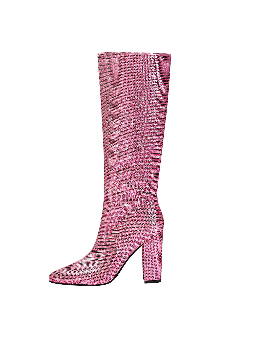 Pink Rhinestone Chunky Heel Knee High Boots Pointed Toe Sparkling Party Boots