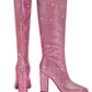 Pink Rhinestone Chunky Heel Knee High Boots Pointed Toe Sparkling Party Boots