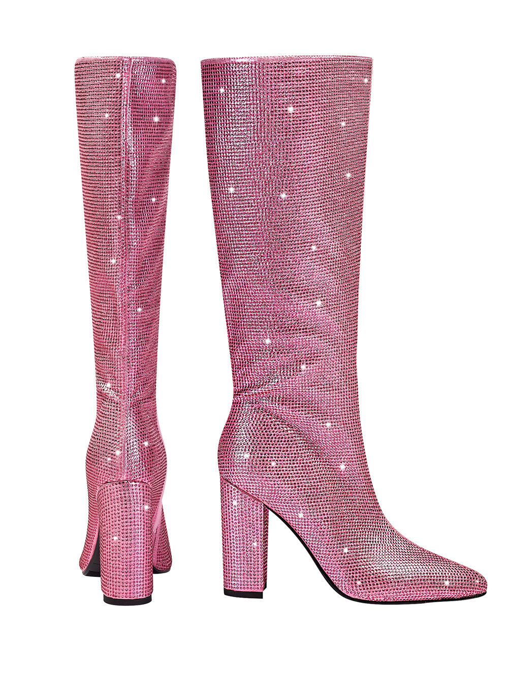 Pink Rhinestone Chunky Heel Knee High Boots Pointed Toe Sparkling Party Boots