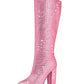 Pink Rhinestone Chunky Heel Knee High Boots Pointed Toe Sparkling Party Boots