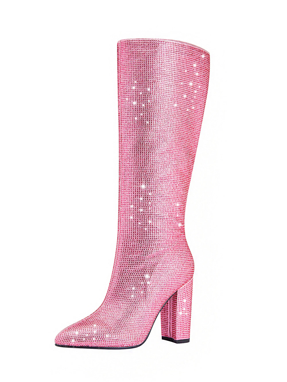 Pink Rhinestone Chunky Heel Knee High Boots Pointed Toe Sparkling Party Boots