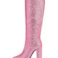 Pink Rhinestone Chunky Heel Knee High Boots Pointed Toe Sparkling Party Boots