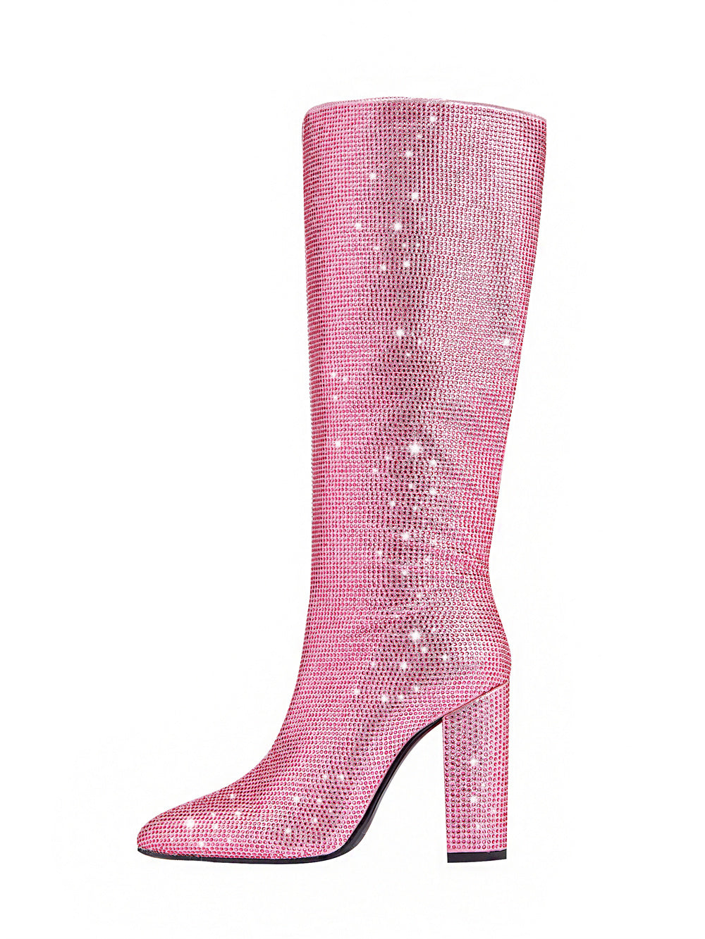 Pink Rhinestone Chunky Heel Knee High Boots Pointed Toe Sparkling Party Boots