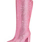 Pink Rhinestone Chunky Heel Knee High Boots Pointed Toe Sparkling Party Boots