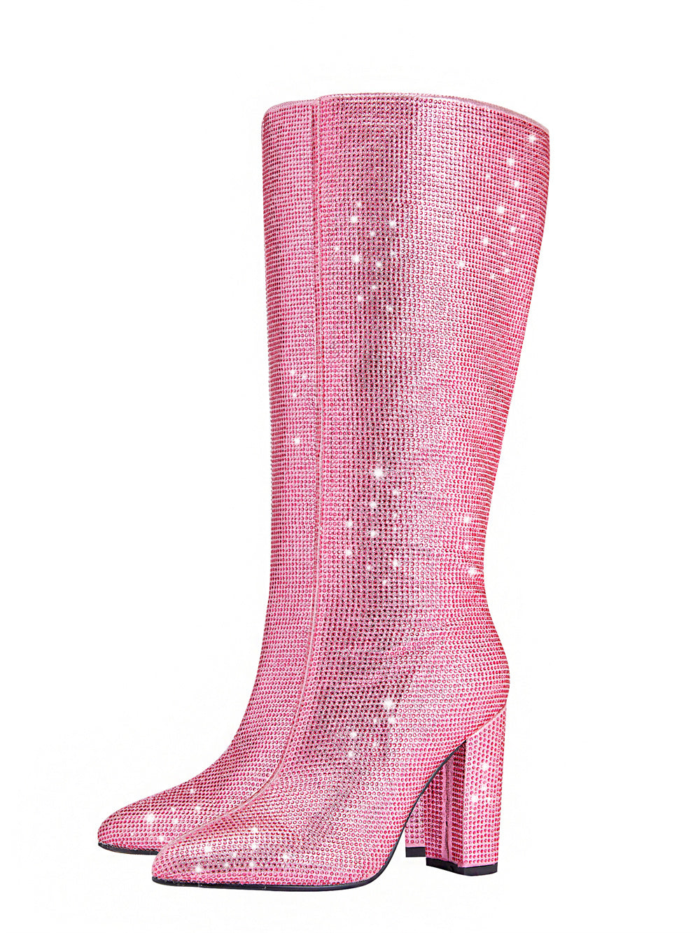 Pink Rhinestone Chunky Heel Knee High Boots Pointed Toe Sparkling Party Boots