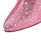 Pink Rhinestone Chunky Heel Knee High Boots Pointed Toe Sparkling Party Boots