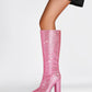 Pink Rhinestone Chunky Heel Knee High Boots Pointed Toe Sparkling Party Boots