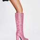 Pink Rhinestone Chunky Heel Knee High Boots Pointed Toe Sparkling Party Boots