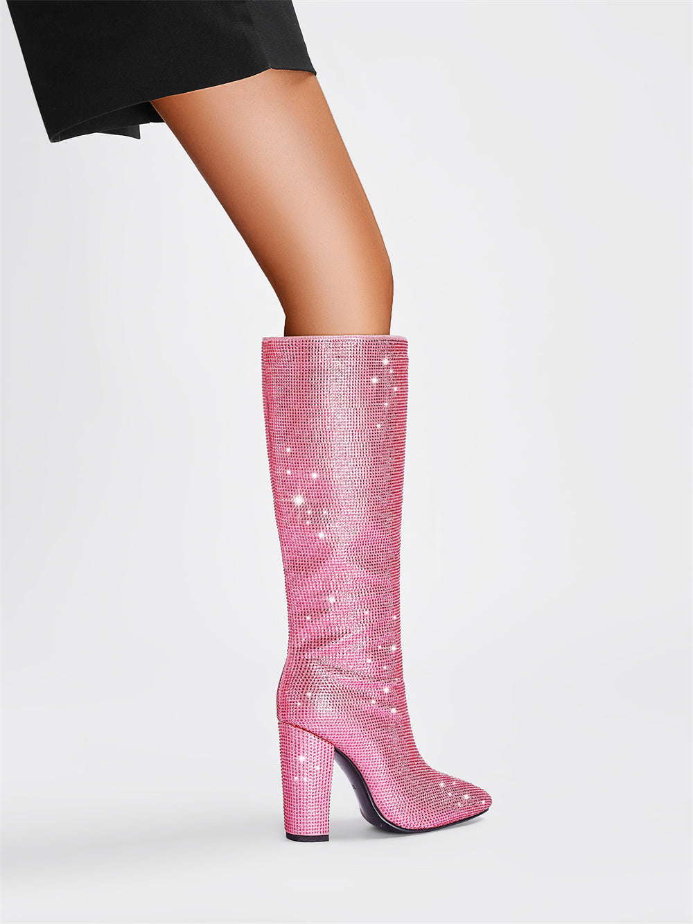 Pink Rhinestone Chunky Heel Knee High Boots Pointed Toe Sparkling Party Boots