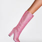 Pink Rhinestone Chunky Heel Knee High Boots Pointed Toe Sparkling Party Boots