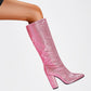 Pink Rhinestone Chunky Heel Knee High Boots Pointed Toe Sparkling Party Boots