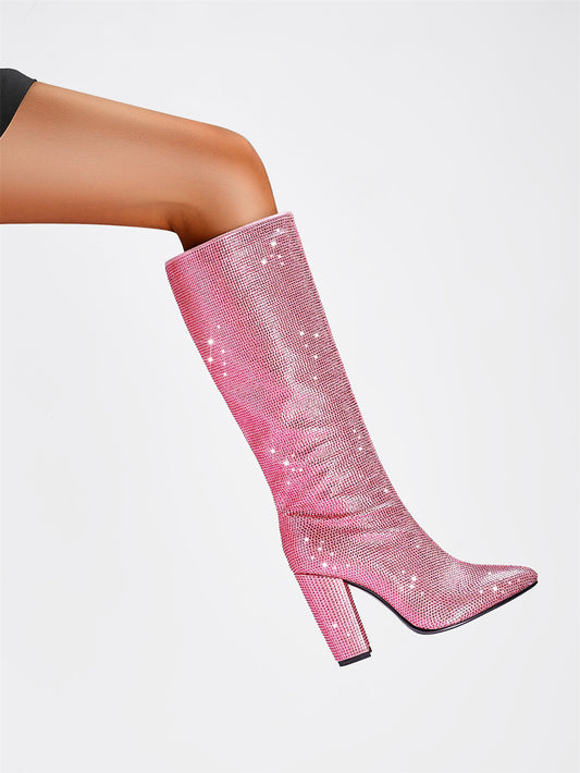 Pink Rhinestone Chunky Heel Knee High Boots Pointed Toe Sparkling Party Boots