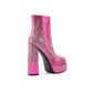 Pink Rhinestone Frame Platform Square Toe Chunky Heel Ankle Boots