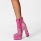 Pink Rhinestone Frame Platform Square Toe Chunky Heel Ankle Boots