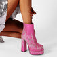 Pink Rhinestone Frame Platform Square Toe Chunky Heel Ankle Boots