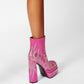 Pink Rhinestone Frame Platform Square Toe Chunky Heel Ankle Boots