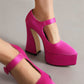 Pink Satin Pointed Toe Chunky Heel Platform Mary Jane Pumps