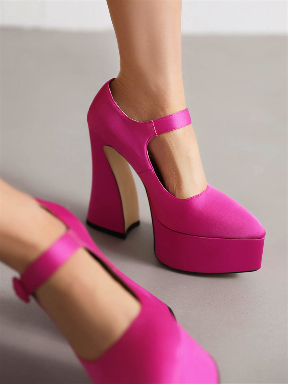 Pink Satin Pointed Toe Chunky Heel Platform Mary Jane Pumps