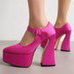 Pink Satin Pointed Toe Chunky Heel Platform Mary Jane Pumps