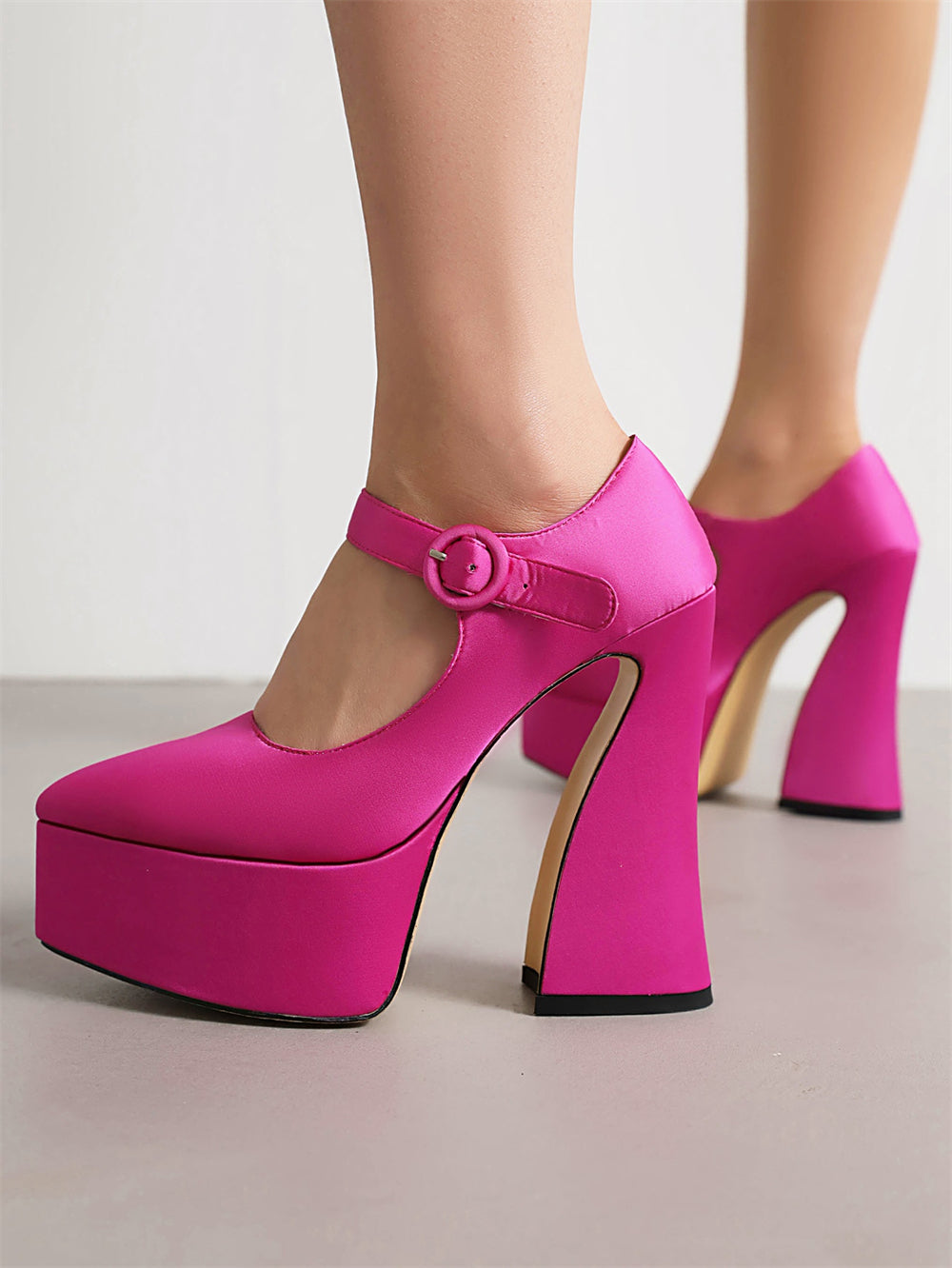 Pink Satin Pointed Toe Chunky Heel Platform Mary Jane Pumps