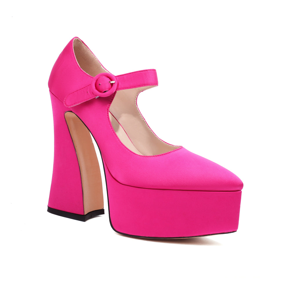 Pink Satin Pointed Toe Chunky Heel Platform Mary Jane Pumps