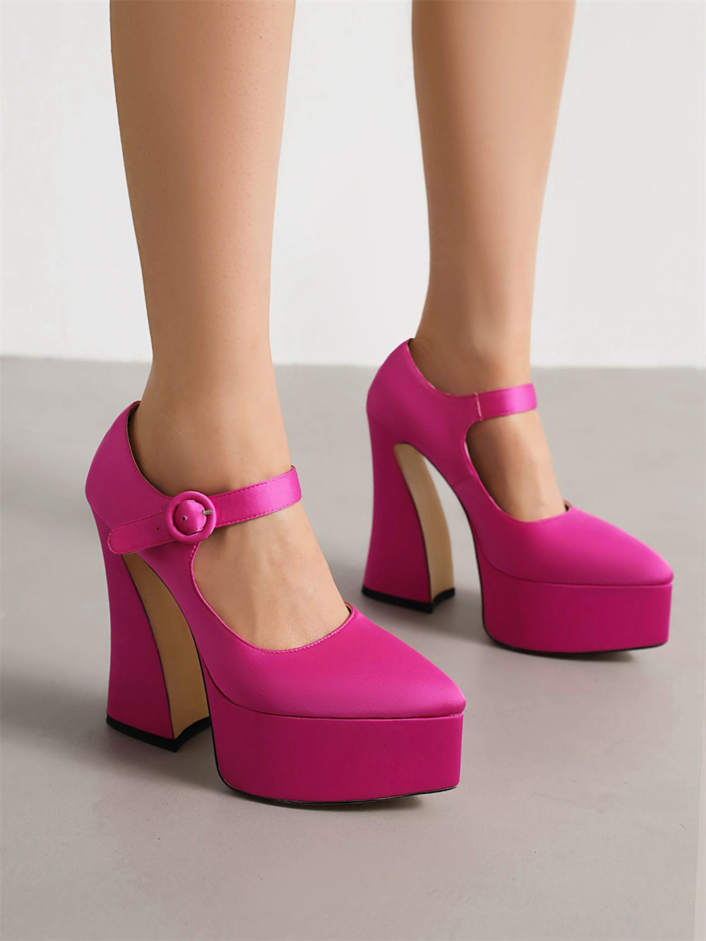 Pink Satin Pointed Toe Chunky Heel Platform Mary Jane Pumps