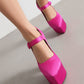 Pink Satin Pointed Toe Chunky Heel Platform Mary Jane Pumps