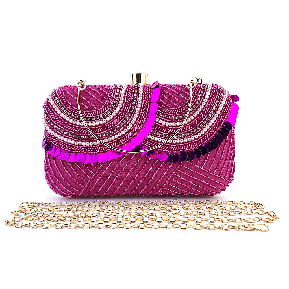 Pink Sequence Embroidery Beaded Party Bag Clutch Handbag