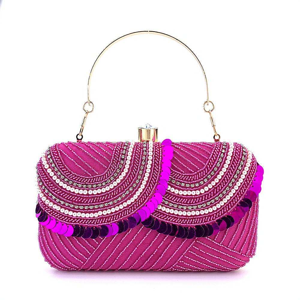 Pink Sequence Embroidery Beaded Party Bag Clutch Handbag