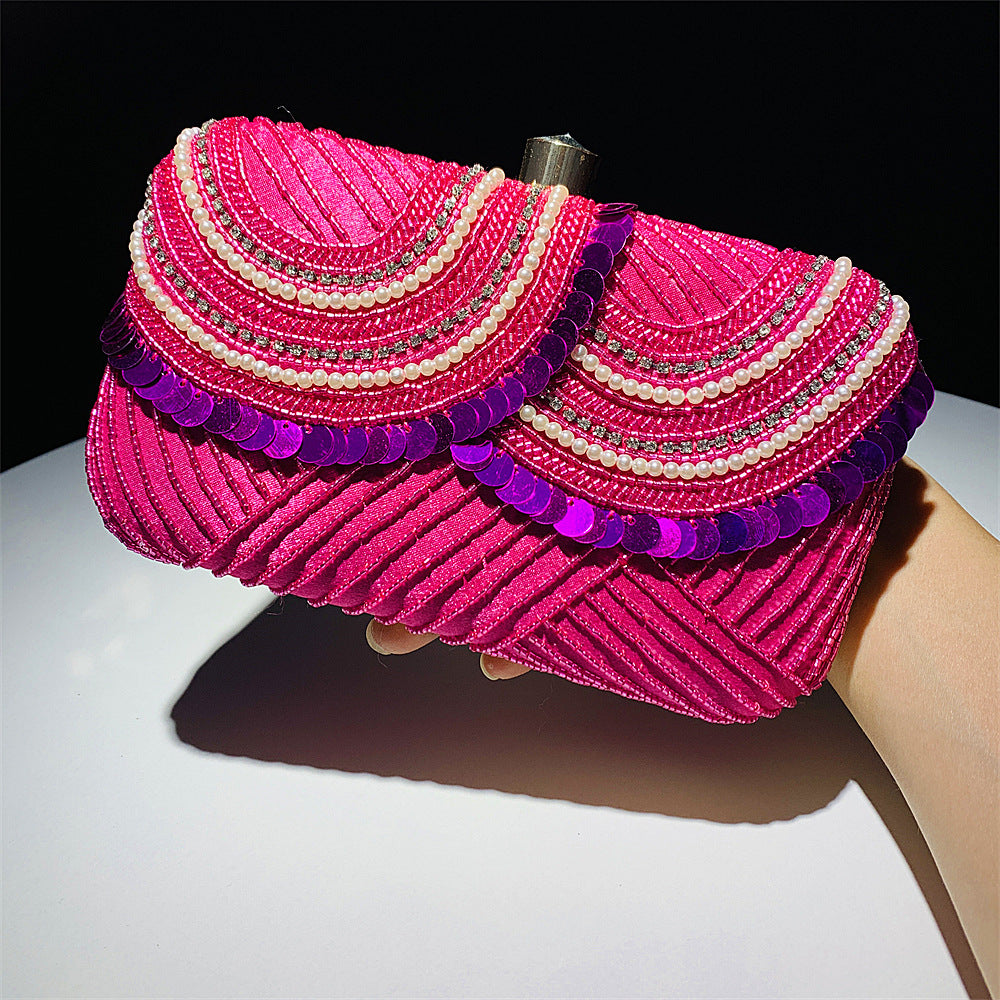 Pink Sequence Embroidery Beaded Party Bag Clutch Handbag