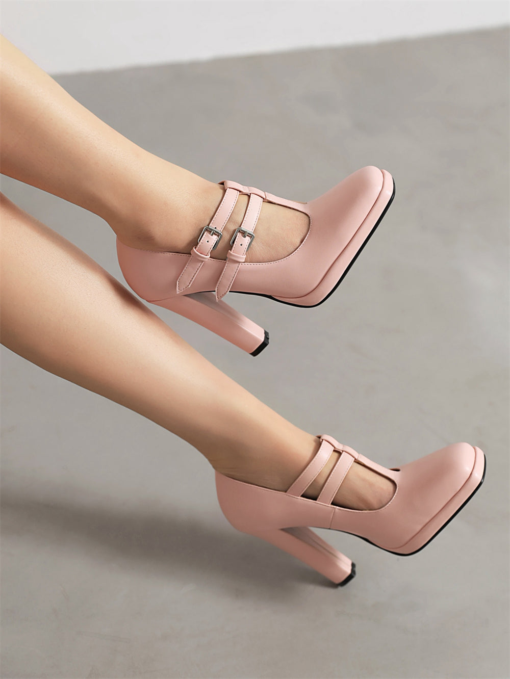 <tc>Pink T-Strap Chunky Heel Square Toe Mary Jane Pumps Vintage High Shoes</tc>