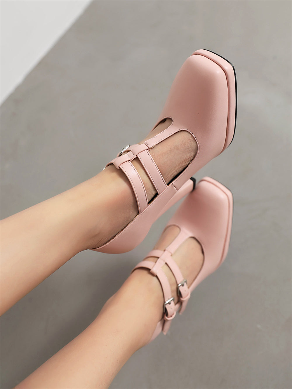 <tc>Pink T-Strap Chunky Heel Square Toe Mary Jane Pumps Vintage High Shoes</tc>