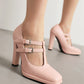 <tc>Pink T-Strap Chunky Heel Square Toe Mary Jane Pumps Vintage High Shoes</tc>